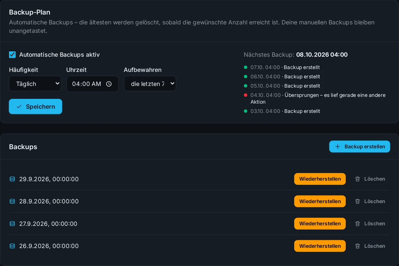 Backup-Plan und Backups im Tab Backups
