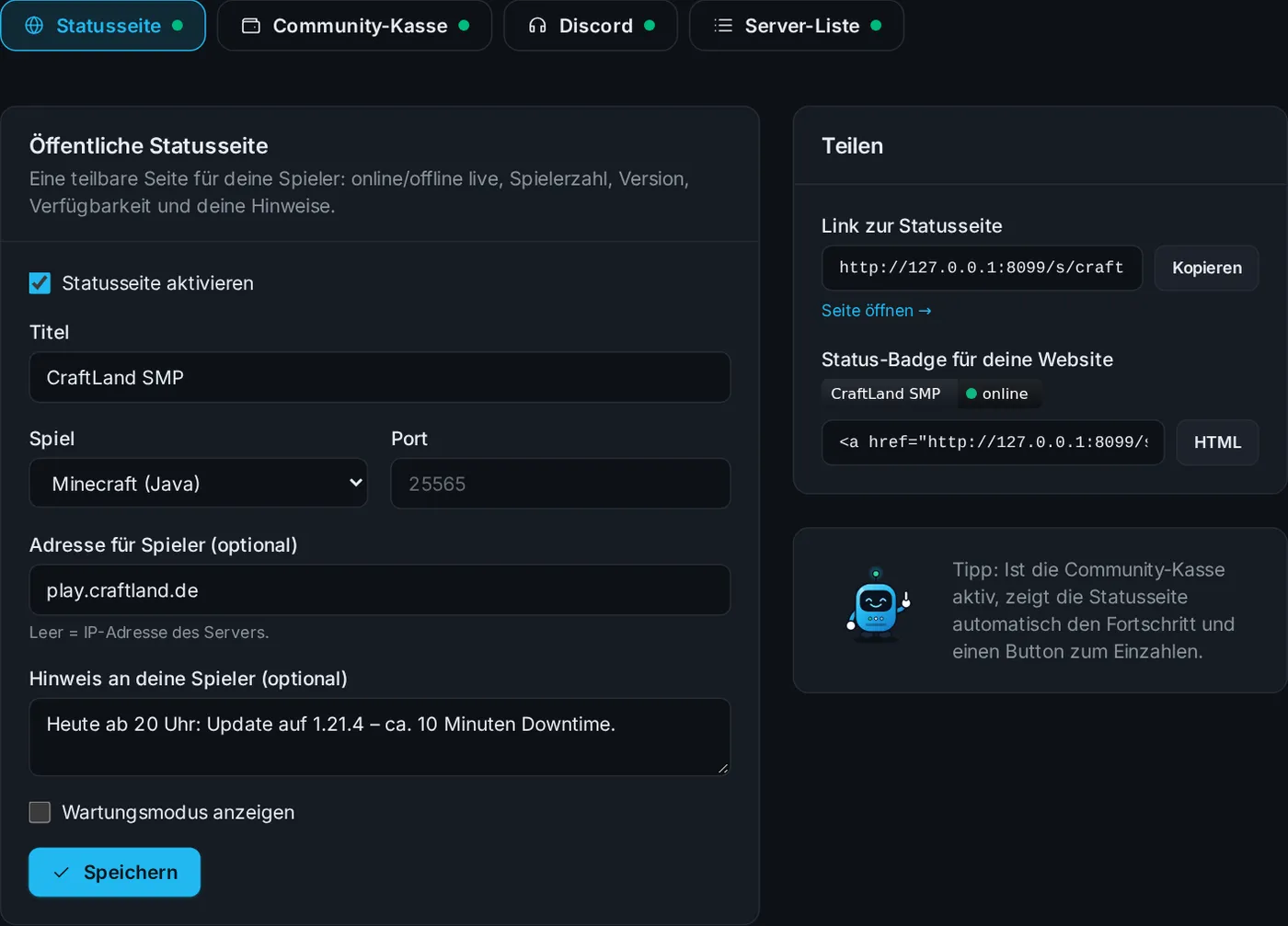 Community-Tab mit Statusseite