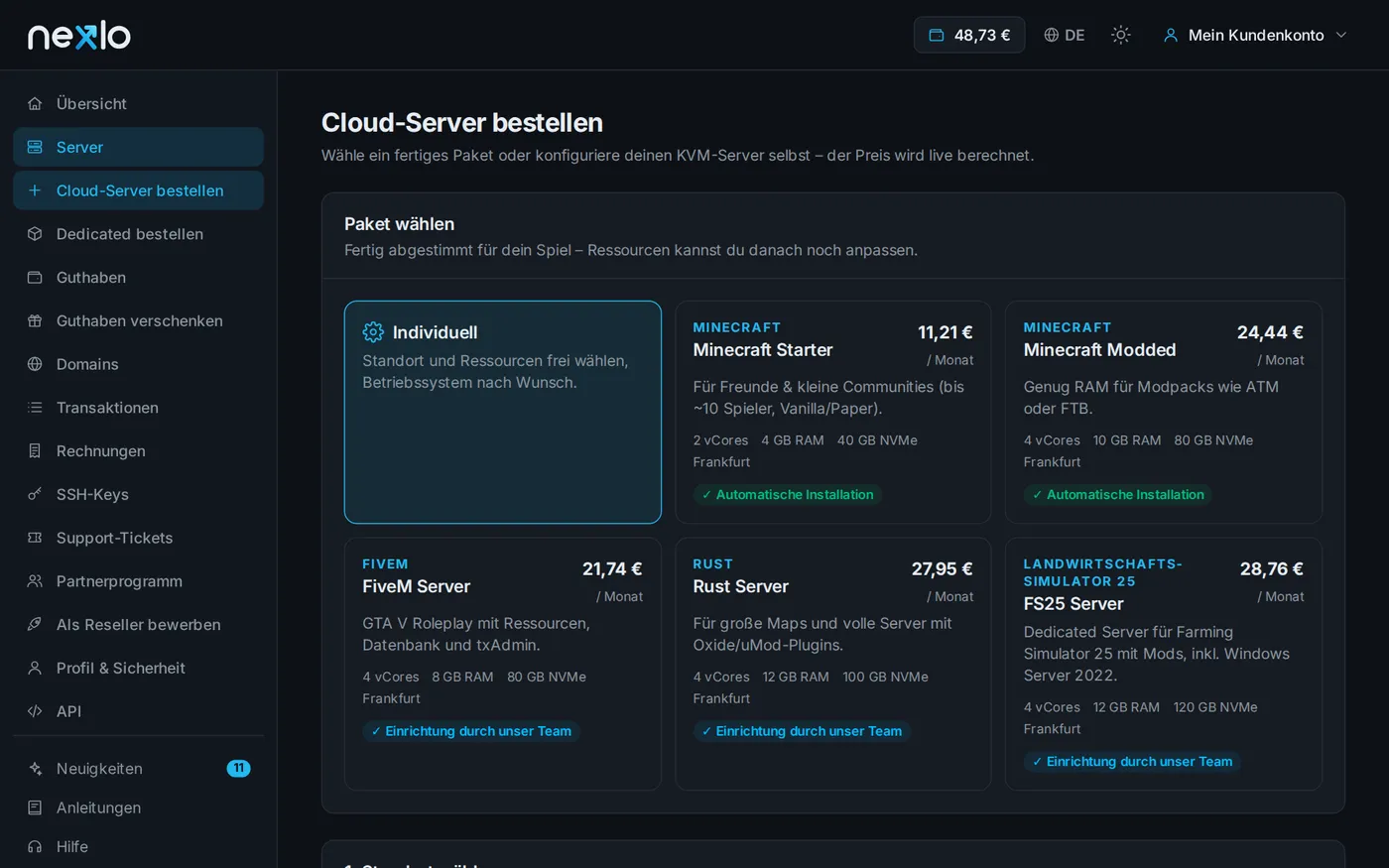 Server bestellen im Kundenbereich