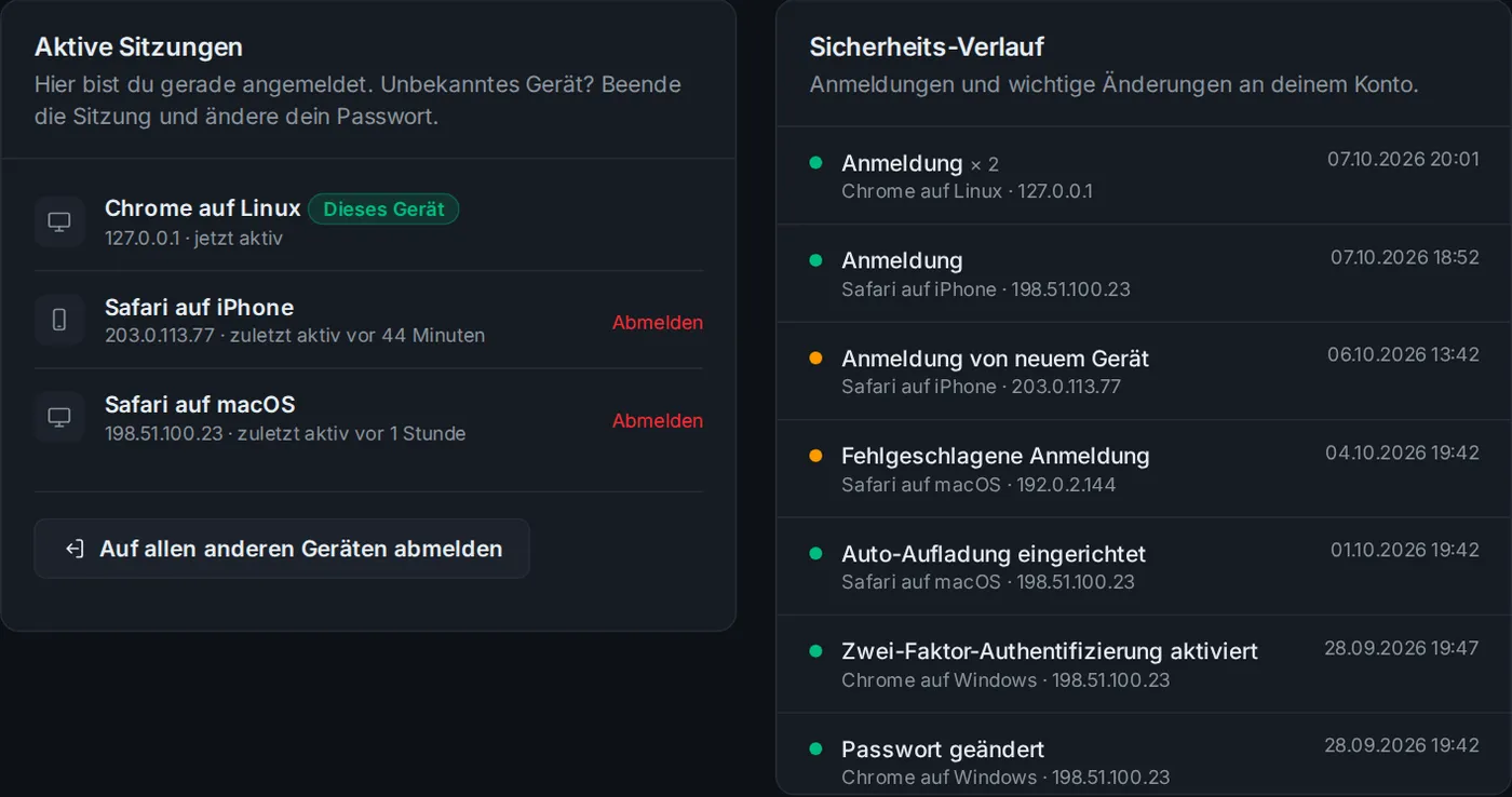 Aktive Sitzungen und Sicherheits-Verlauf
