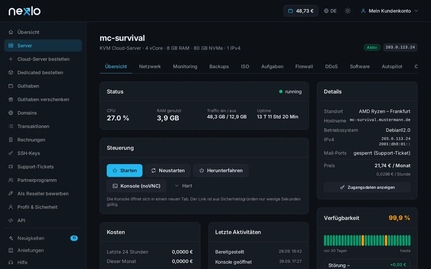 Server-Übersicht mit Steuerung und Details