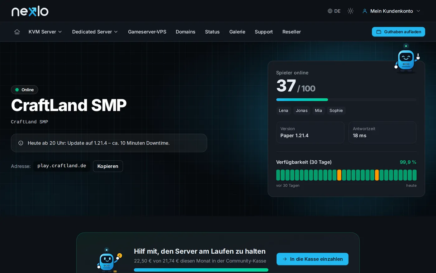 Öffentliche Statusseite eines Servers