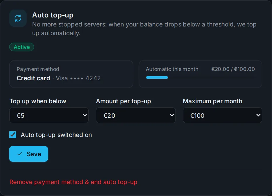 Auto top-up in the balance area