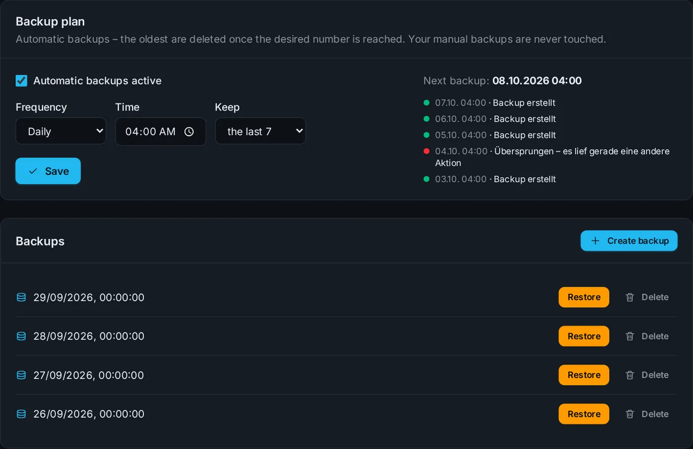 Backup plan and backups in the Backups tab