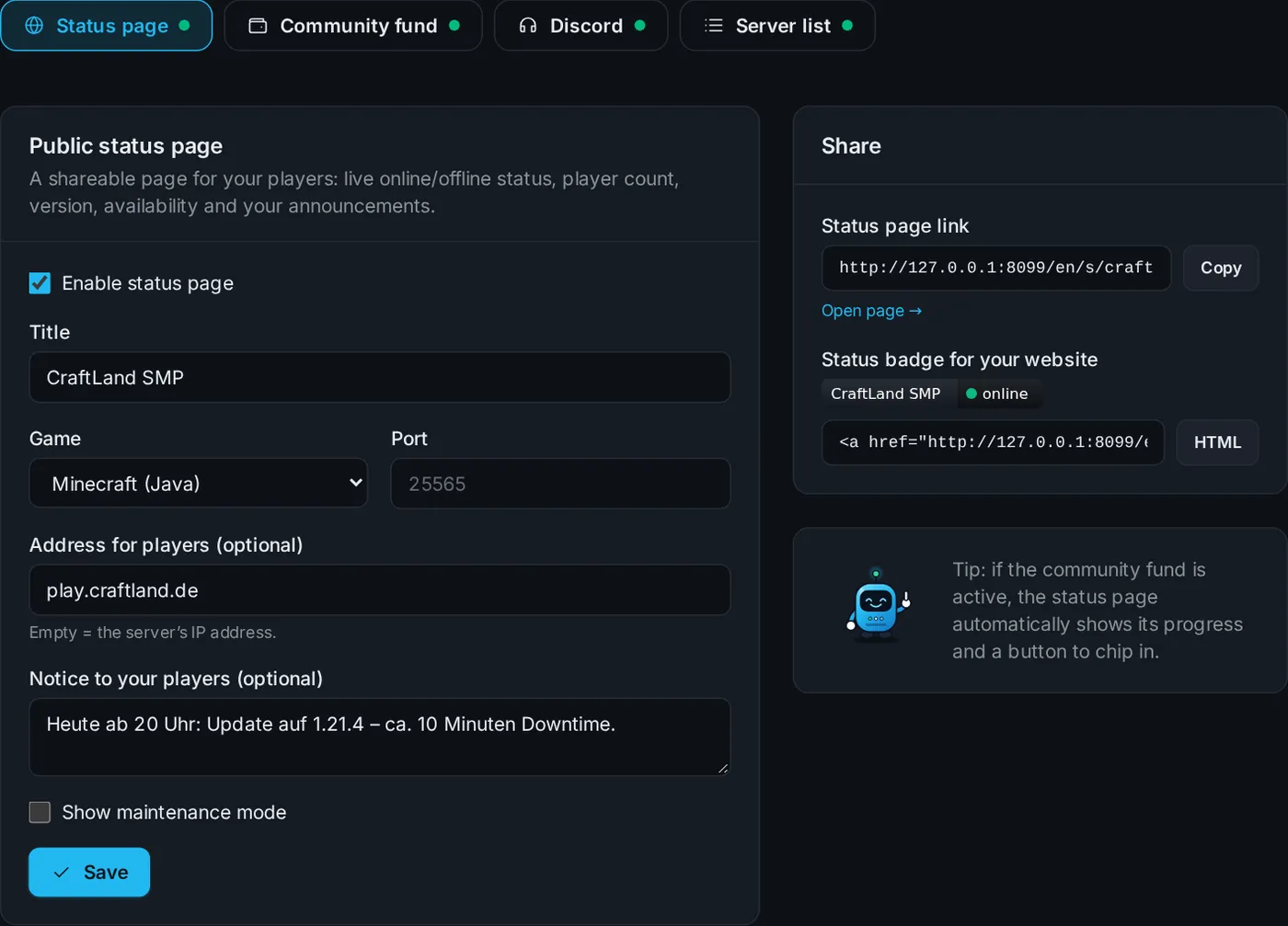 Community tab with status page