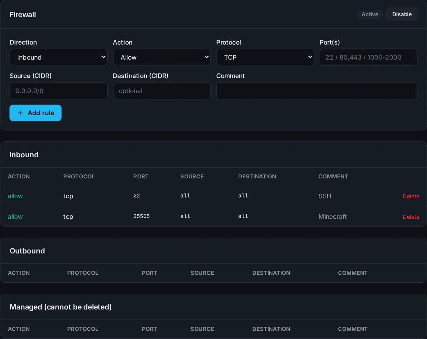 Firewall rule for port 25565