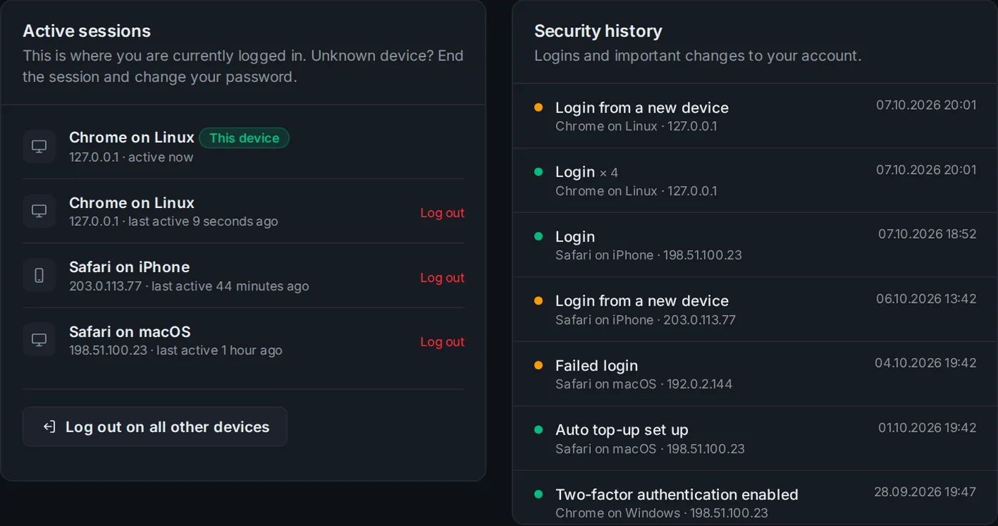 Active sessions and security history