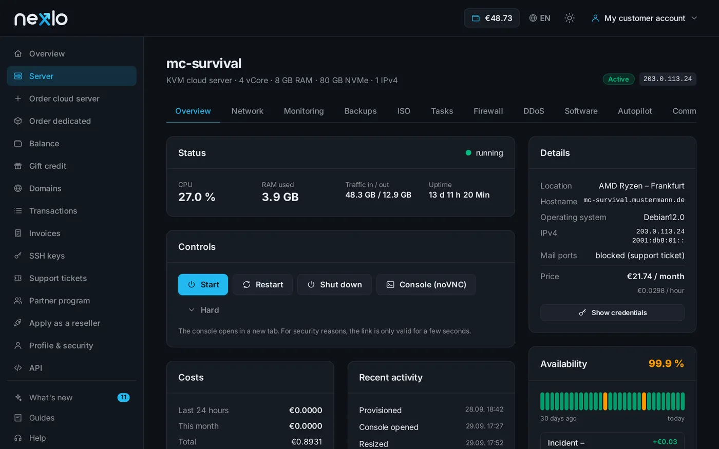 Server overview with controls and details