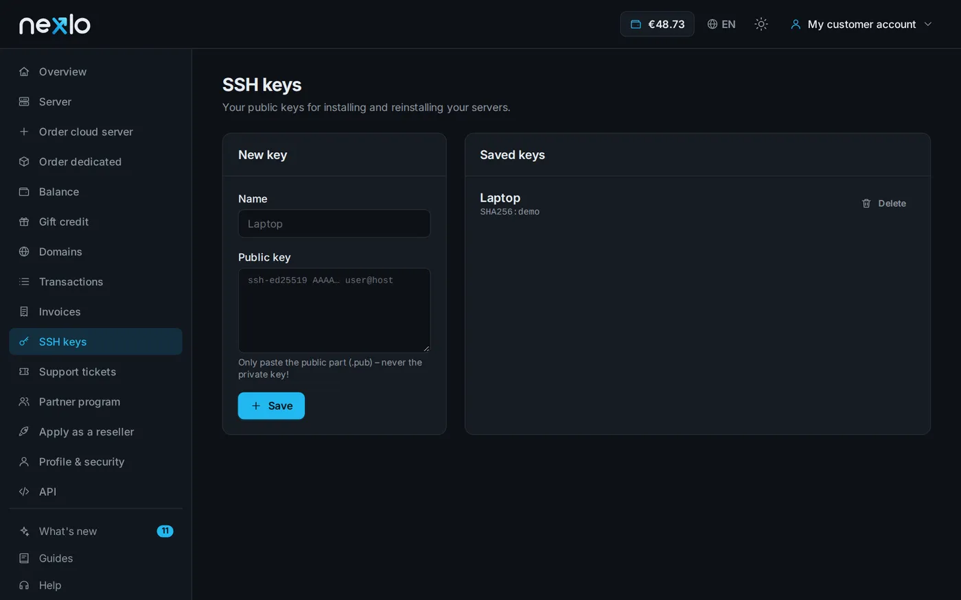 SSH keys in the customer area