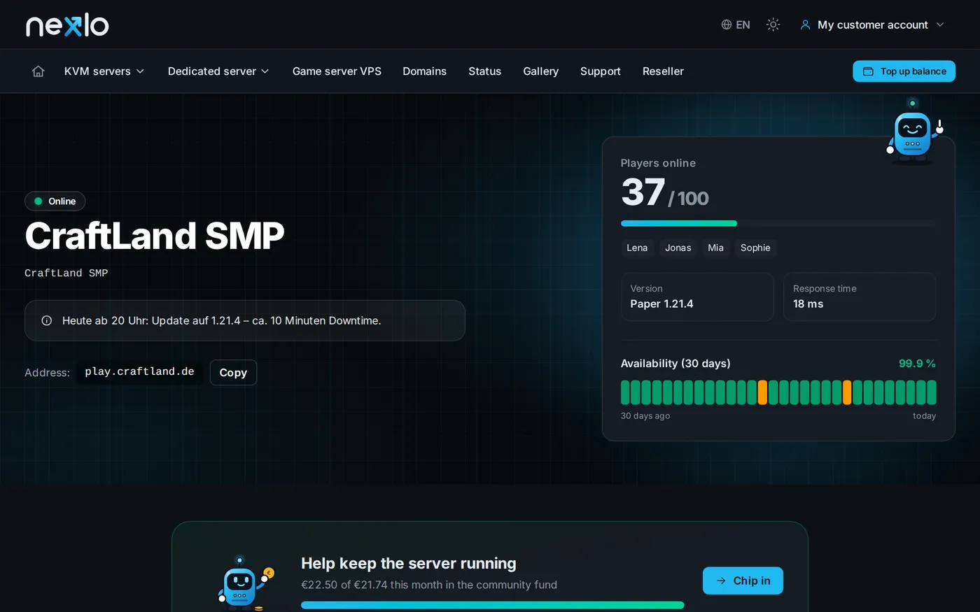 Public status page of a server