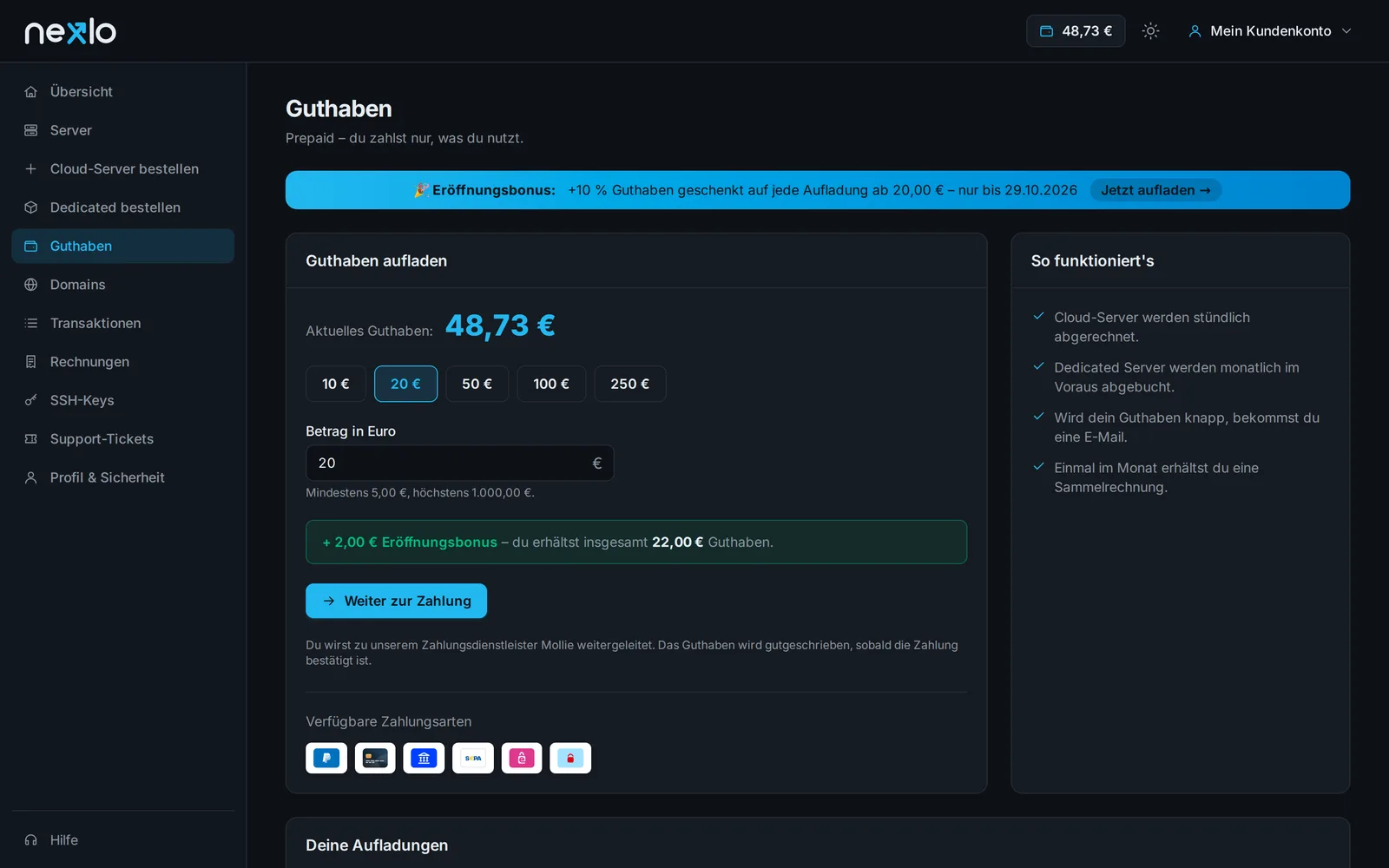 Nexlo panel: Prepaid balance
