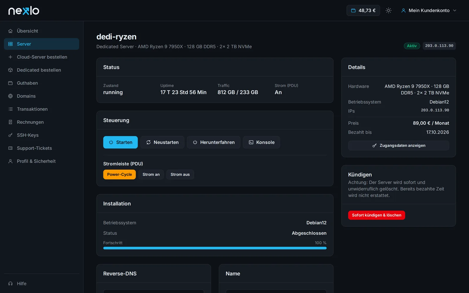 Dedicated server in the panel