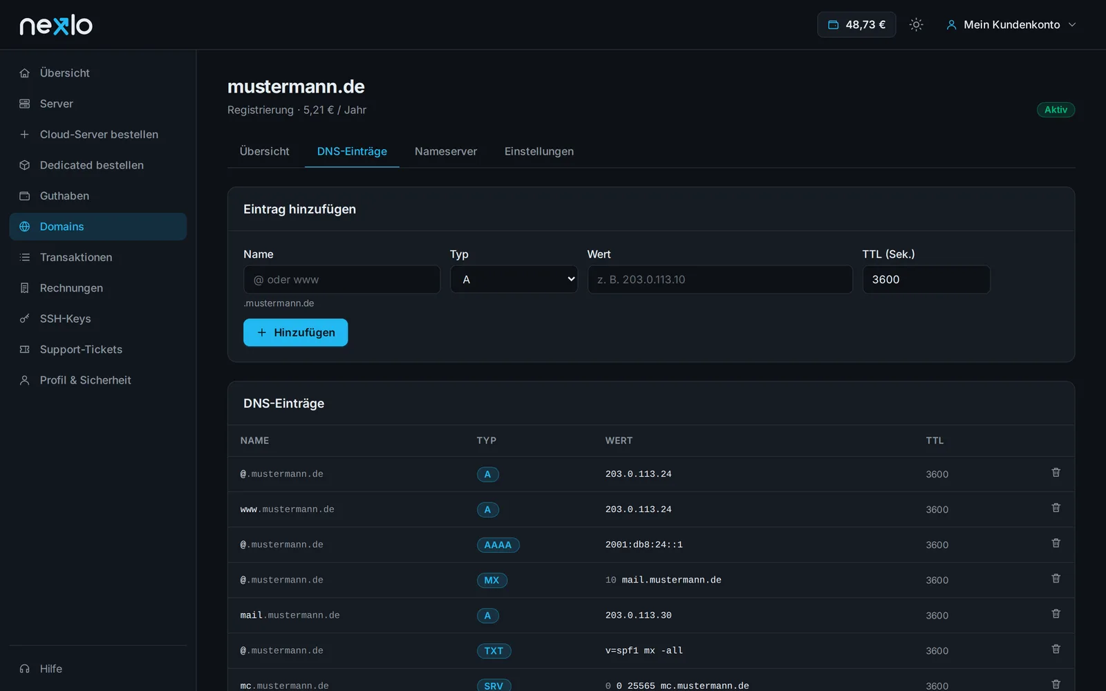 Nexlo panel: DNS management