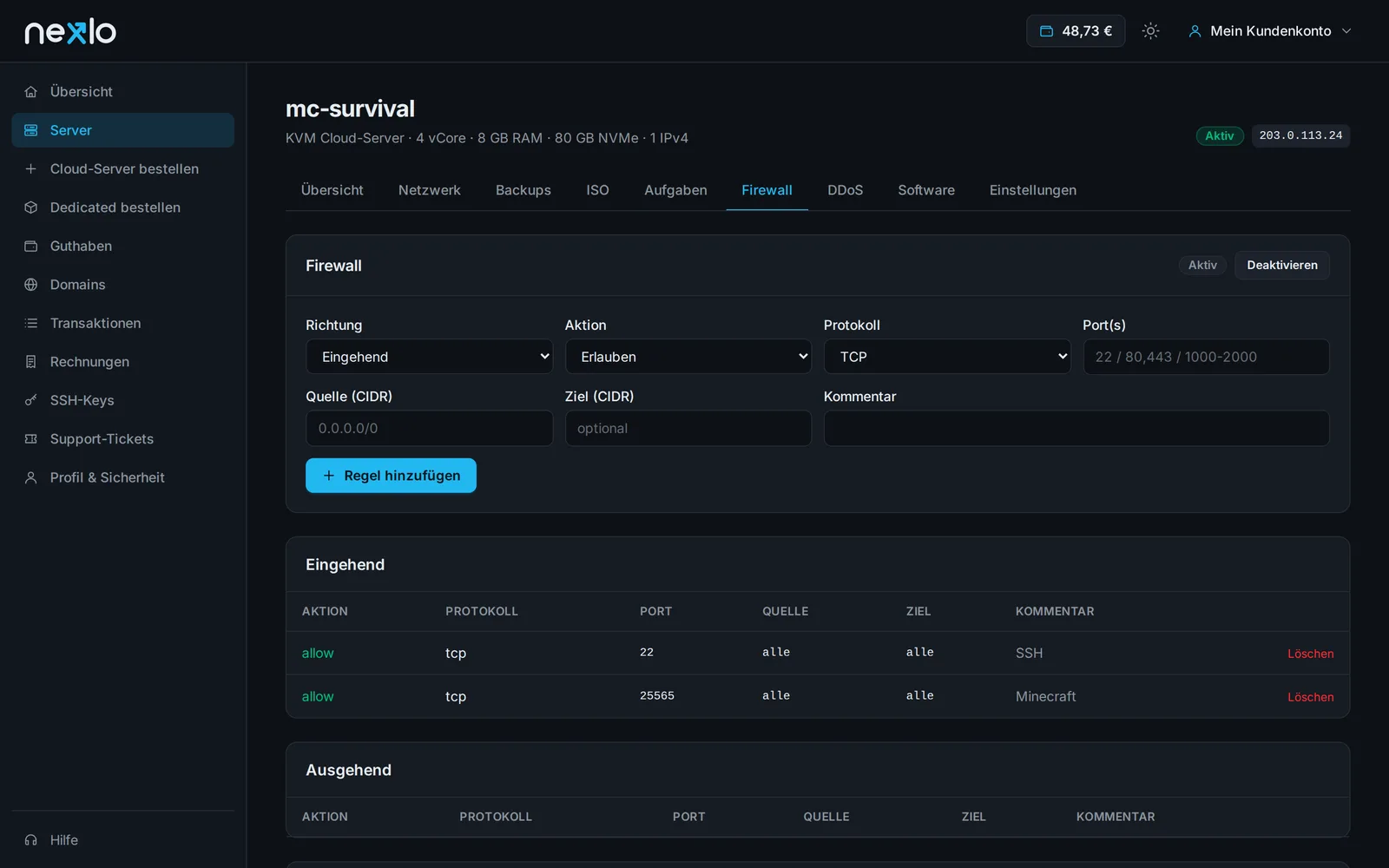 Firewall tab in the panel