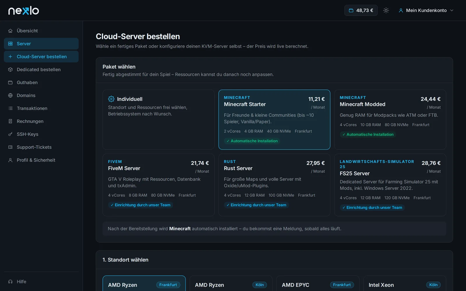 Nexlo panel: Game server packages