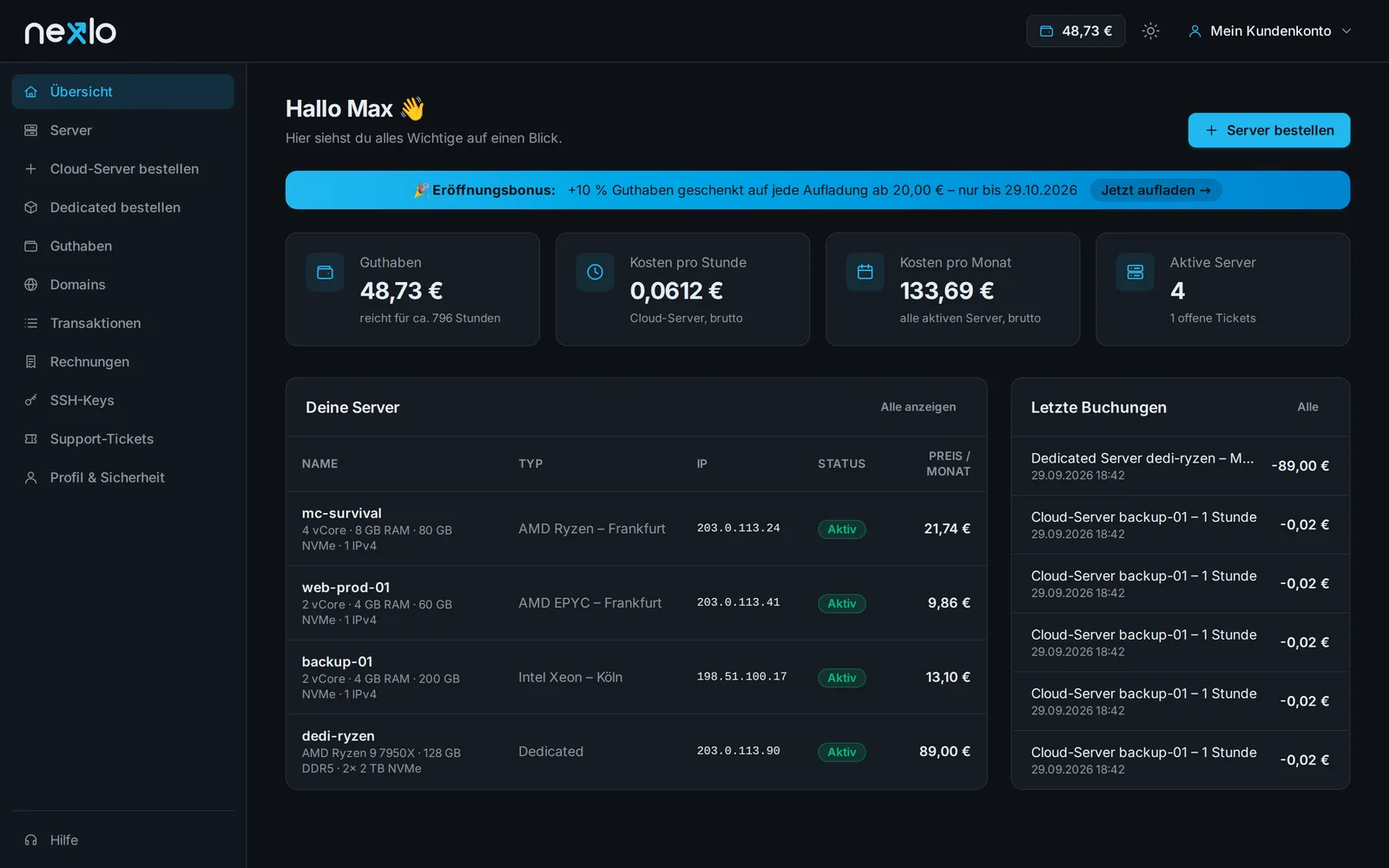 Nexlo panel: Dashboard