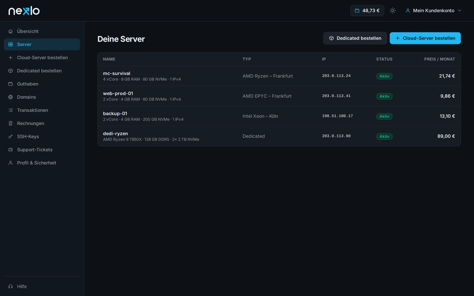 Server list in the panel
